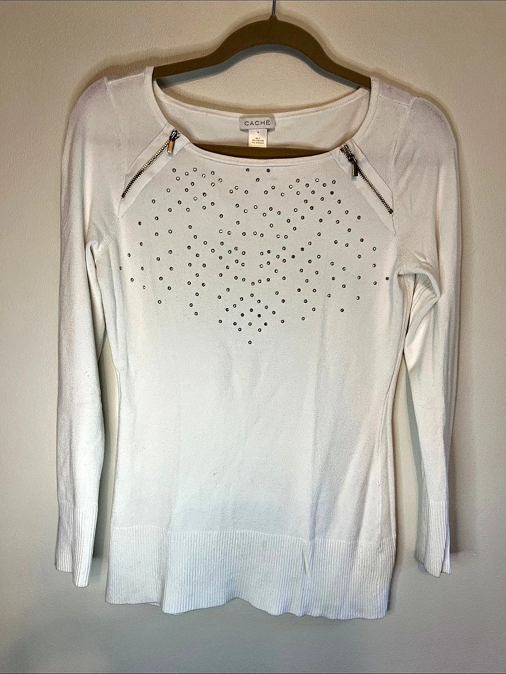 CACHE Size Small Gold & Silver Embellished Zip Detail Sweater in White